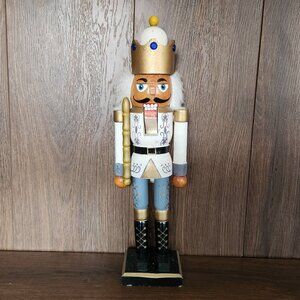 Vintage Classic White Gold Wooden Nutcracker Christmas Seasonal Decor S34